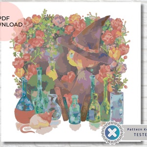 May include: A witch wearing a brown hat and purple robe surrounded by flowers and potion bottles. A white mouse sits in front of the witch.