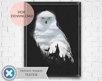 May include: A black and white cross stitch pattern featuring a snowy owl with yellow eyes, a full moon, and a silhouette of a castle. The pattern is titled "Pattern Keeper TESTED" and includes a PDF download.