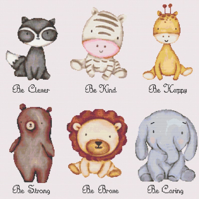 Korsstygnsmönster för babydjur - korsstygn för barnkammaren - korsstygn för djur - babyshowerpresent - lejon, björn, elefant, zebra PDF-nedladdning bild 6
