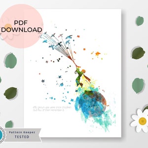 May include: A watercolor illustration of The Little Prince holding onto a bunch of balloons shaped like birds. The prince is standing on a blue and green planet with stars in the background. The quote "All grownups were once children but few of them remember it" is written below the image.