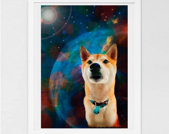 Shiba Inu in Space Art Print, Cute Dog Lovers Decor (Digital Poster)