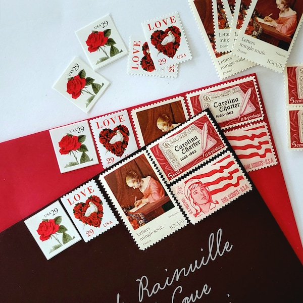 Curated Vintage Postage Set || Love Letter || Valentine's Gift || Unused Stamps || White Dove, Red Roses || Letters Mingle Souls