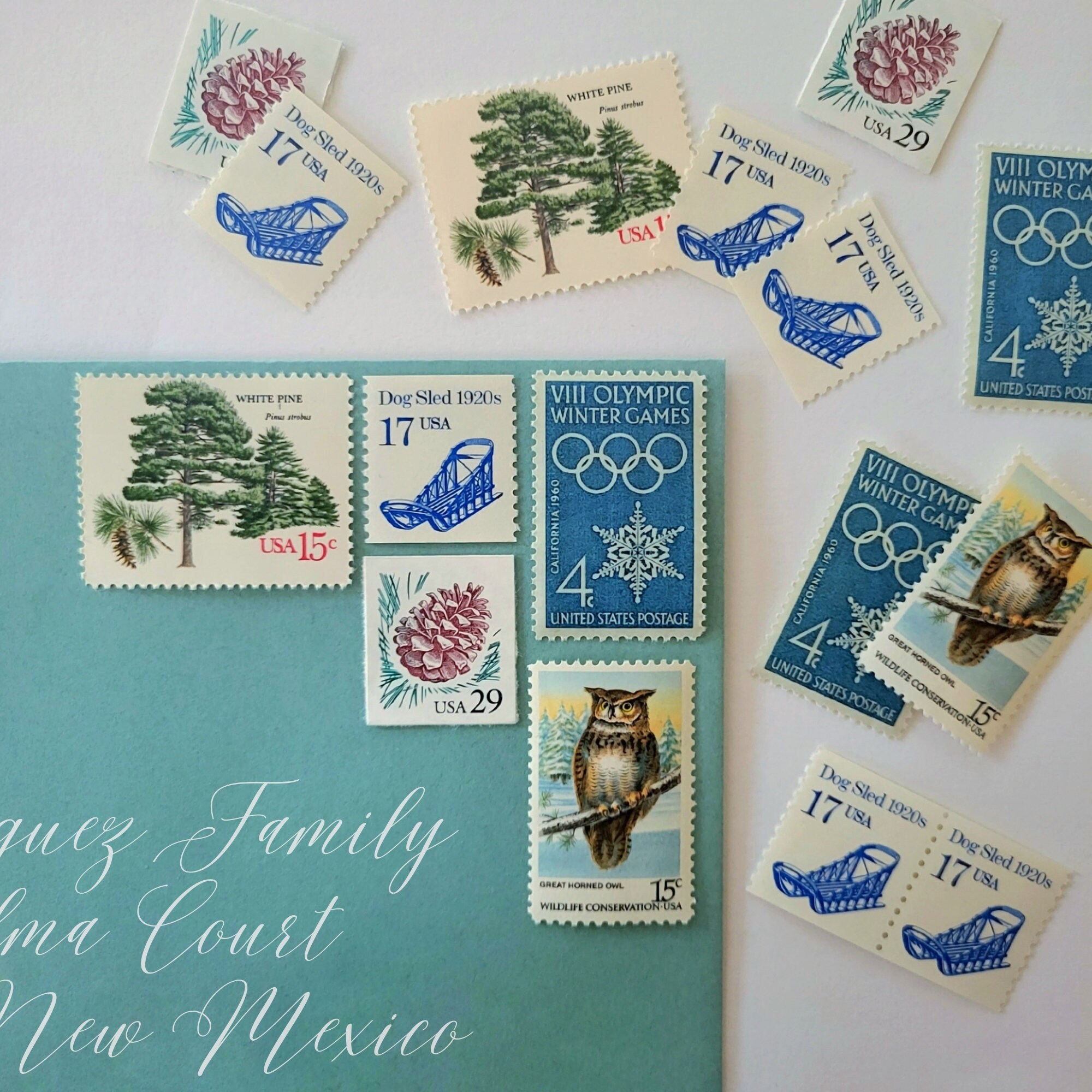 Curated Vintage Stamp Set Winter Greetings Blue, White, Green Unused