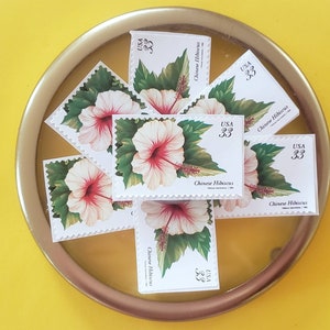 May include: A collection of eight vintage Chinese Hibiscus postage stamps, each featuring a white flower with a red centre and green leaves. The stamps are arranged in a circular pattern on a gold-coloured surface. Each stamp has the text "USA 33" and "Chinese Hibiscus" printed on it.