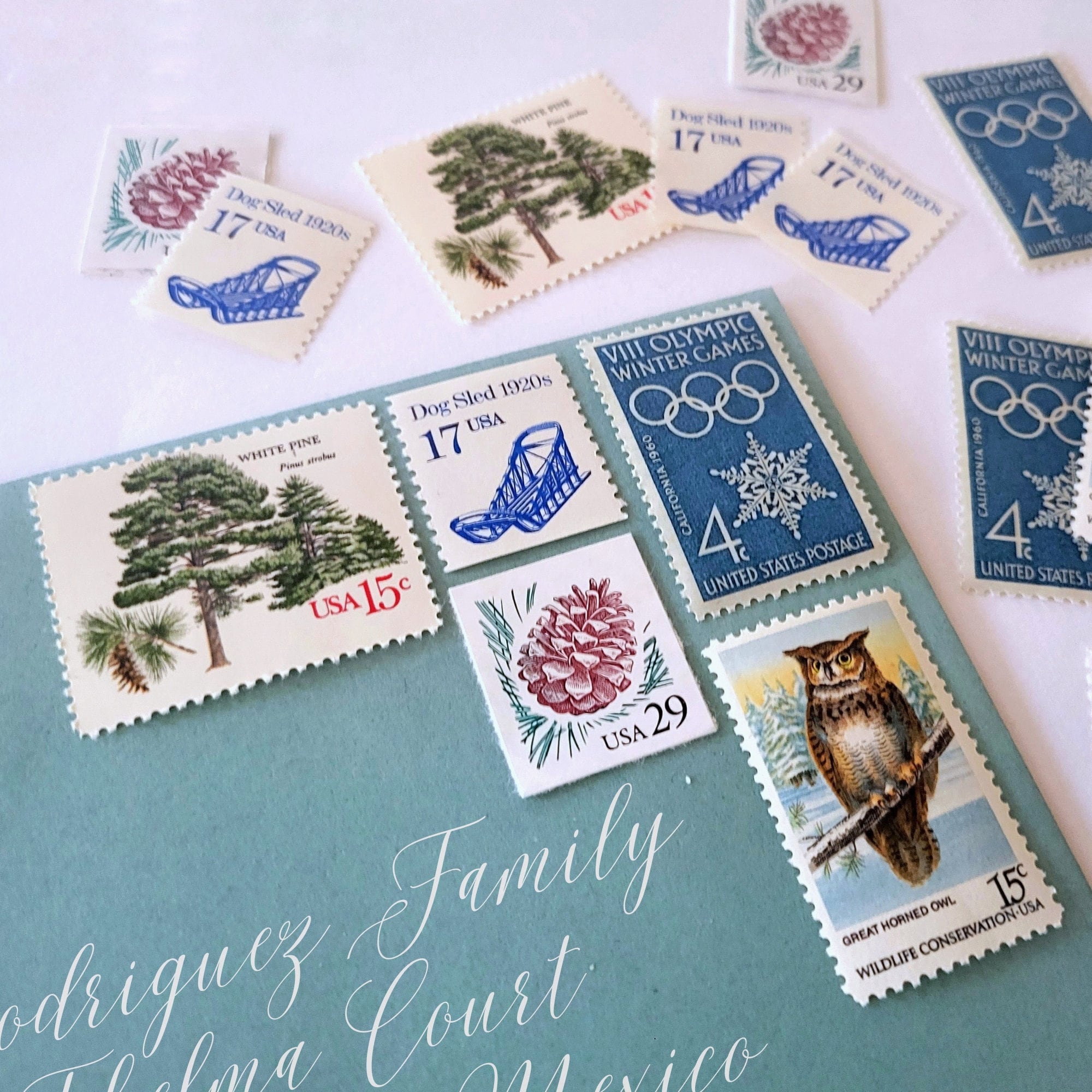 Curated Vintage Stamp Set Winter Greetings Blue, White, Green Unused