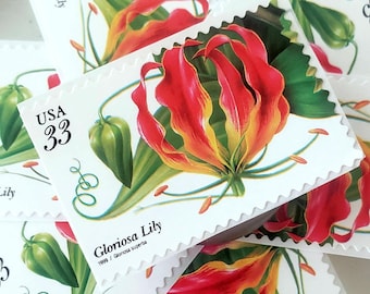 Vintage Porto || Gloriosa Lilie 33c (1999) || Weiß, Grün, Rot & Orange || Tropische Blumen || Unbenutzte Blumen Stempel für Hochzeit || UStG
