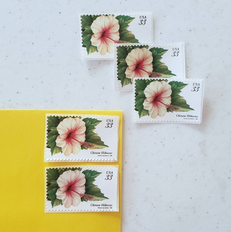 May include: Five vintage US postage stamps featuring a white and pink Chinese Hibiscus flower with green leaves. The stamps are all 33 cents and have the text "USA 33" and "Chinese Hibiscus" printed on them.