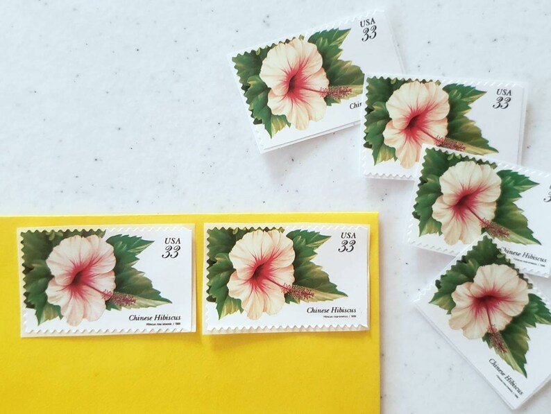 May include: A collection of six vintage US postage stamps featuring a pink and white Chinese hibiscus flower with green leaves. The stamps are all 33 cents and have the text "USA 33" and "Chinese Hibiscus" printed on them.