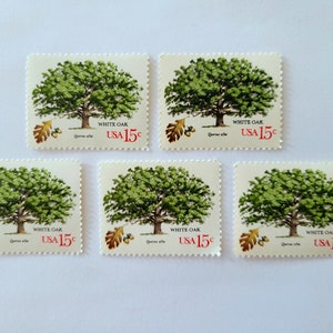 Pu&ograve; includere: Cinque francobolli vintage con un'illustrazione dettagliata di una quercia bianca con fogliame verde e un tronco marrone. Ogni francobollo include il testo "WHITE OAK", "USA 15&cent;", e il nome scientifico "Quercus alba".