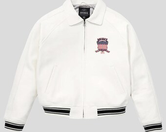 Avirex weiße Varsity Icon-Lederjacke - klassisches amerikanisches Patch-Design