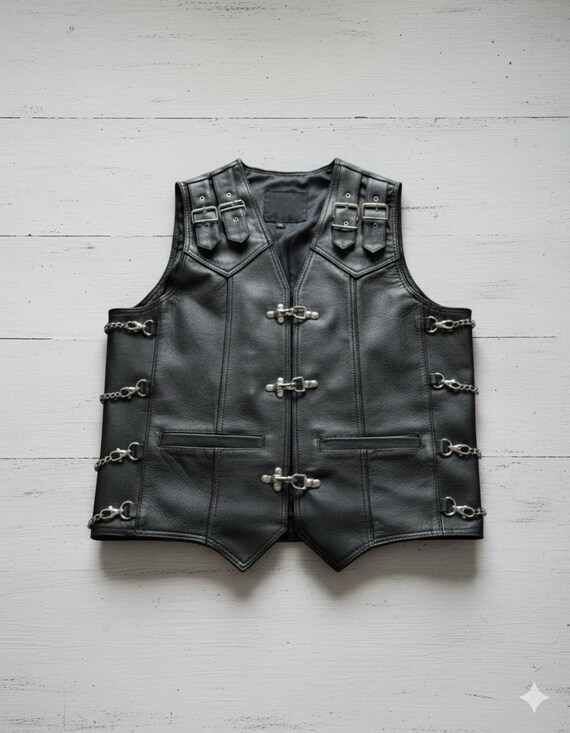 Men's Buckled Black Leather Vest with Toggle Clasps & Side Chains | Punk Rock Motorcycle Vest