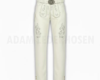 Men's Off White Leather Pants with Embroidery