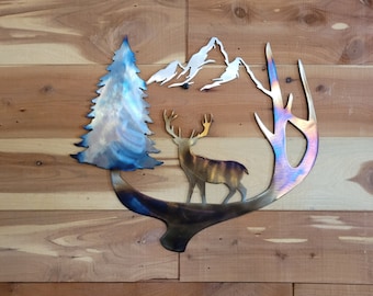 Deer Mountain Metal Wall Art-Rustic Cabin Decor-Forest Decor-Wildlife Decor-Indoor or Outdoor-Gift-Plasma Cut