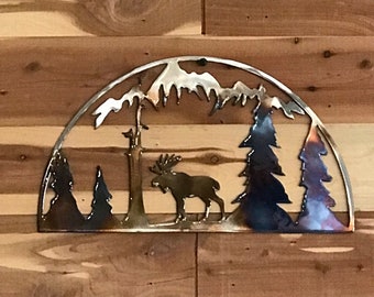 Moose Mountains Wildlife Metal Wall Art-Forest Decor-Moon Art-Rustic Cabin Decor-Home Decor-Indoor Outdoor Art-Gift
