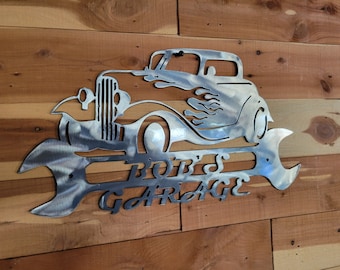 Personalized Metal Hot Rod Garage Sign - Custom Man Cave Decor