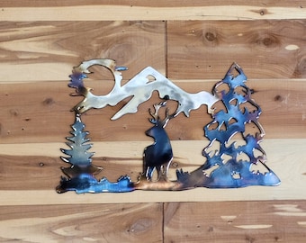 Elk Mountains Wildlife Metal Wall Art-Forest Decor-Moon Art-Rustic Cabin Decor-Home Decor-Indoor Outdoor Art-Gift