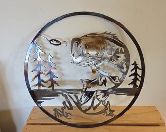 Large Mouth Bass Metal Wall Art, Rustic Lake Cabin Decor