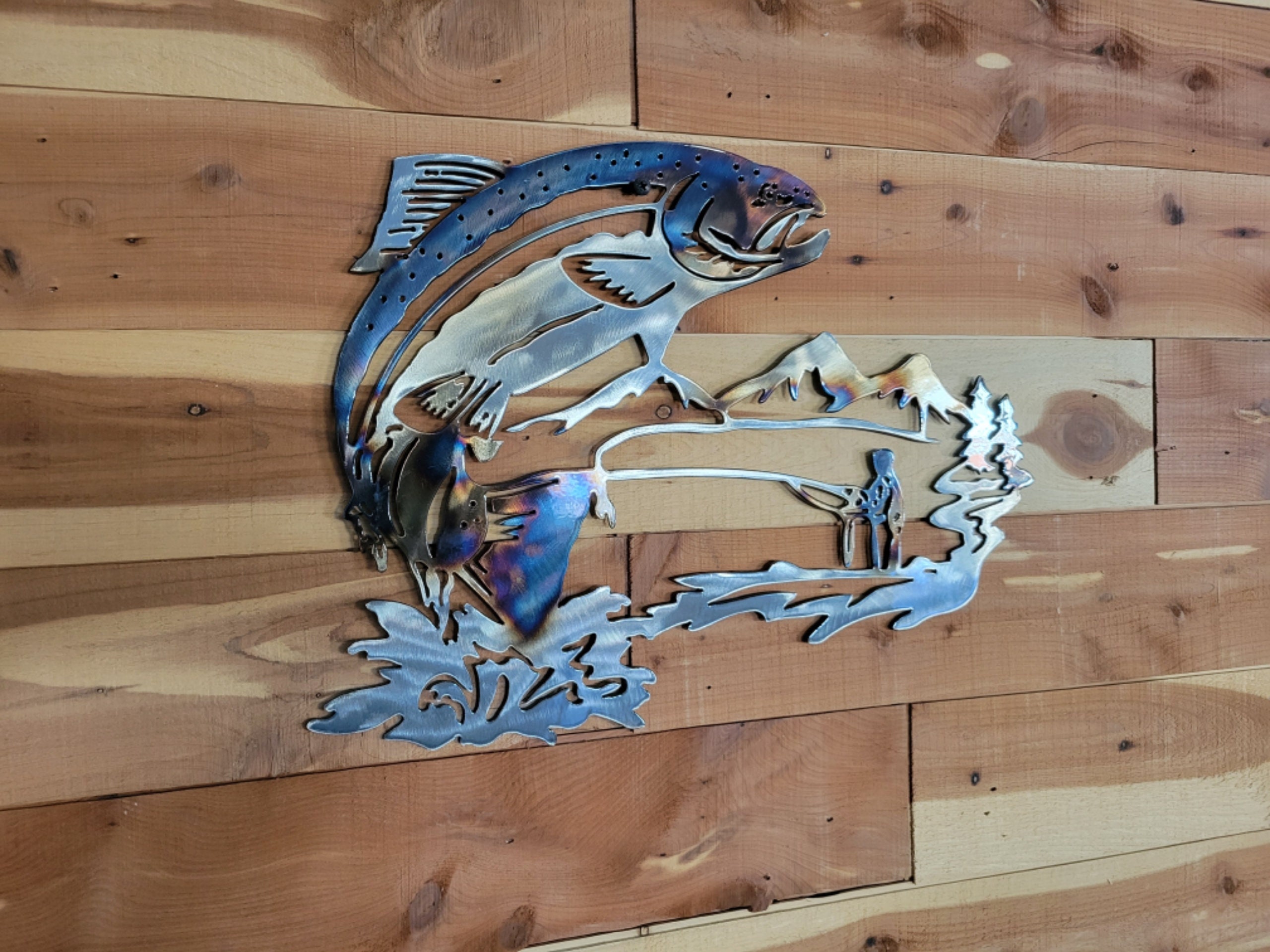 Trout Fly-Fisherman Metal Wall Art-Fish Art-Indoor Outdoor Art-Lake  Decor-Rustic Cabin Decor-Mountain Decor-Wildlife Decor-Gift-Plasma Cut