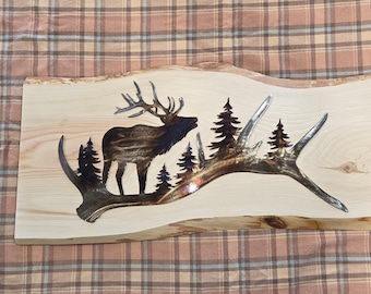 Elk Metal Wall Art, Mounted on Live Edge Fir/Rustic Cabin Lodge Decor