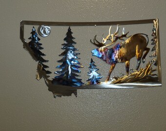 Montana Elk Metal Wall Art: Rustic Cabin Decor, Wildlife, Forest, Home, Plasma Cut
