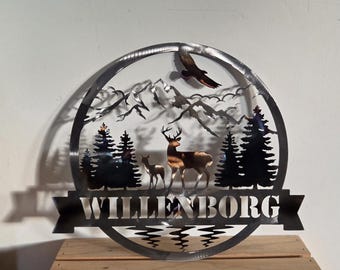 Personalized Metal Family Name Sign, Rustic Deer Forest Wall Art, Hunting Lodge Sign