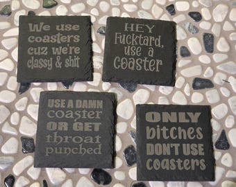 Laser Engraved Slate Coasters, Set of Four, Funny Drink Coasters