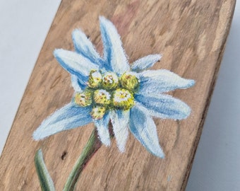 Edelweiß Blume Acryl handgemalt Holz-Upcycling Unikat