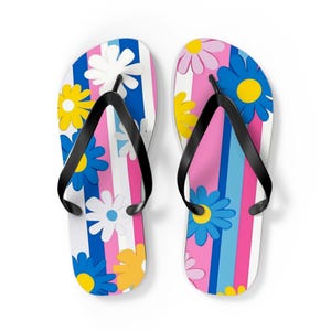 Flower Power Flip Flops, Stylish Beach Sandals, Summer Vibes, Floral Slip-Ons, Perfect for Vacation, Gift Idea