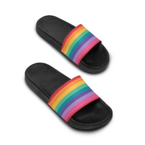 Rainbow Women&#39;s Slide Sandals for Summer Fun | Fun Beach Footwear, Slide-On Sandals for Vacation, Pool Flip Flops, Trendy Summer Slides
