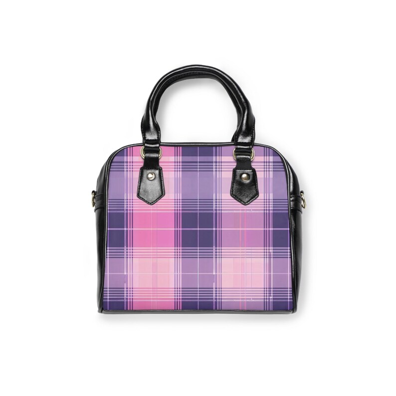 Bolso de hombro con estampado de cuadros escoceses en tonos pastel, rosa y morado imagen 3