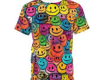 Colorful Smiley Face Tee: Happy Vibe Unisex Polyester Shirt