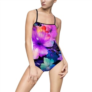 Vibrant Floral Women&#39;s Swimsuit, AOP Swimwear, Beachwear, Summer Swim, Vacation Essential, Retro Floral One-Piece