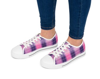 Roze en paars geruite lage damessneakers | Pastel ruitpatroon