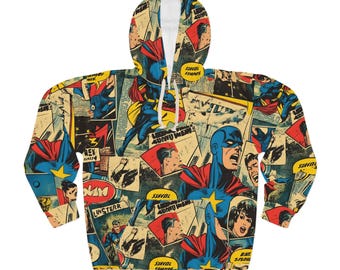 Superhero Comic Book Unisex Hoodie, All-Over Print, Pop Culture Apparel