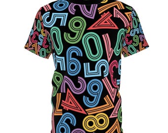 Camiseta gráfica com números abstratos: camiseta unissex colorida, moda para festivais