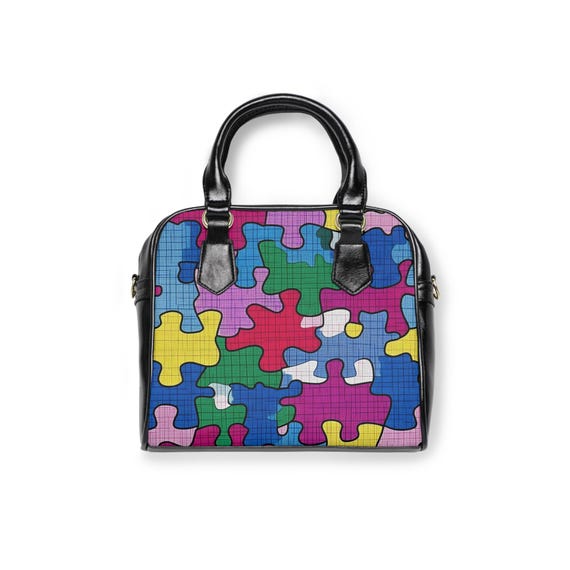 Puzzle Print PU Leather Shoulder Bag, Colorful Tote Handbag 