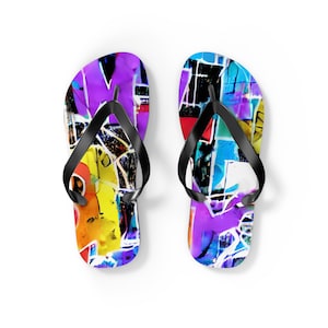 Colorful Artistic Flip Flops, Summer Sandals, Beach Footwear, Festival Shoes, Vibrant Casual Slippers