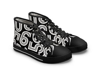 High Top Sneakers: Black & White Patterned Canvas Shoes