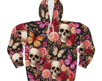 Huvtröja med dödskalle och fjärilar | Blommigt dödskalletryck