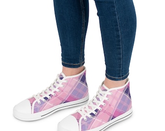 Roze paars geruite hoge sneakers | Pastelkleurige geruite schoenen