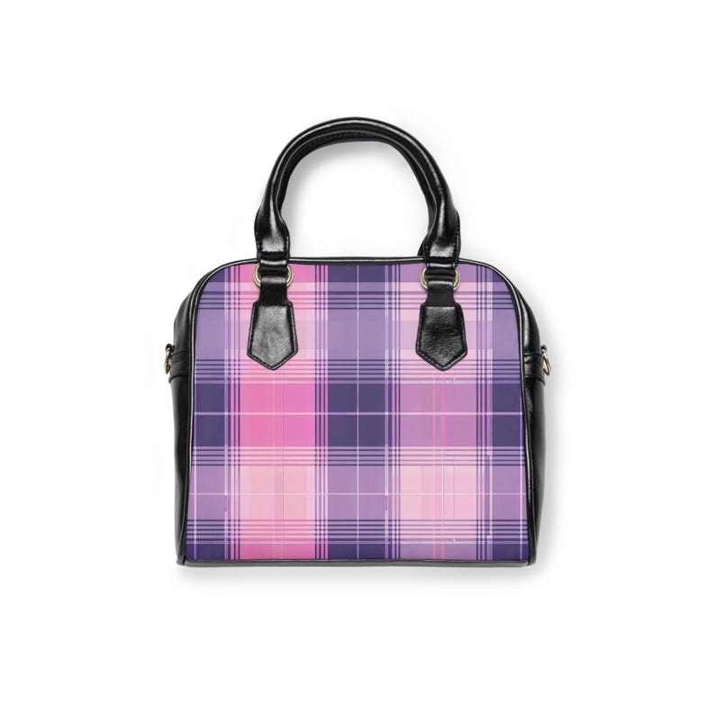 Bolso de hombro con estampado de cuadros escoceses en tonos pastel, rosa y morado imagen 2