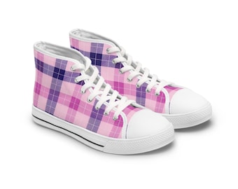 Hoge roze paars geruite sneakers met geruit patroon