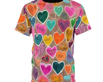 Colorful Heart Print Unisex Tee: Fun, Vibrant Polyester T-Shirt