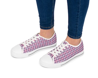Roze geruite lage sneakers: trendy canvas damesschoenen