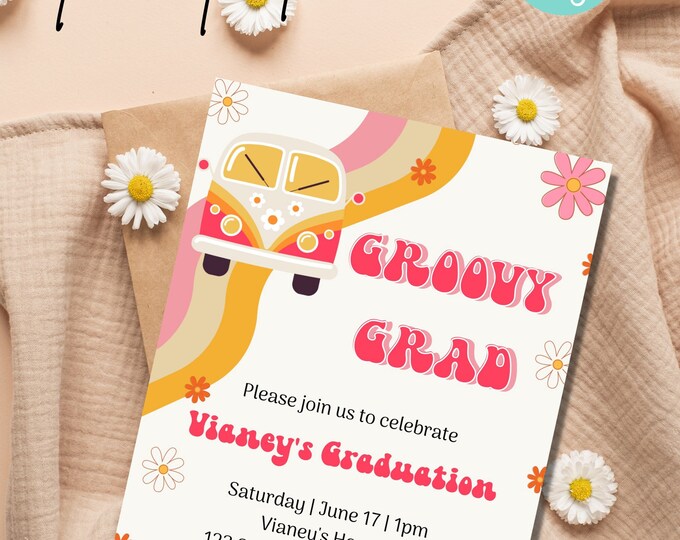 Editable Groovy Grad Party Invitation Template (corjl) - Etsy