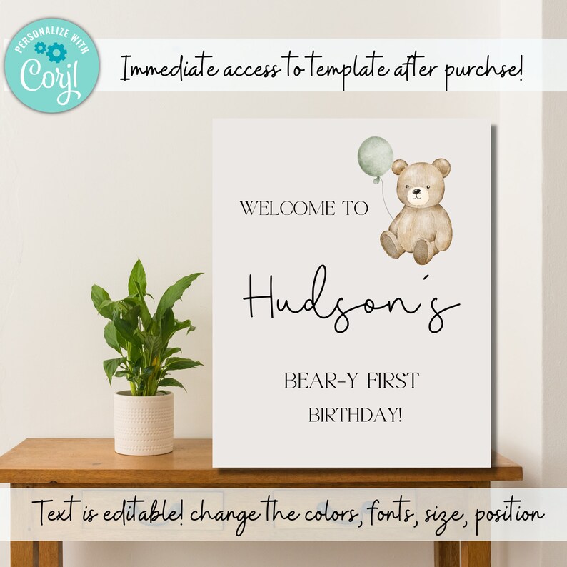 EDITABLE Beary First Birthday Welcome Sign, Bear Birthday, Beary First