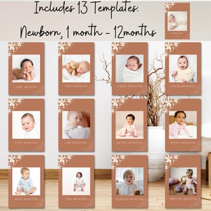 Cartes-photos modifiables d'étapes importantes du mois avec fleurs sauvages, bannière d'anniversaire moderne, décoration d'anniversaire, bannière pour chaise haute, bannière photo corjl imprimable pour l'année