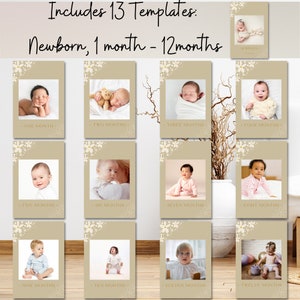Tarjetas fotográficas de hitos mensuales editables, pancarta de cumpleaños moderna, decoración de cumpleaños, pancarta para silla alta imprimible Corjl