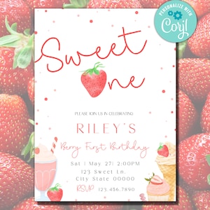 EDITABLE Sweet ONE Birthday Invite, Digital BERRY 1st Birthday invitation, Berry Birthday Party Invitation, Modern first bday theme, corjl