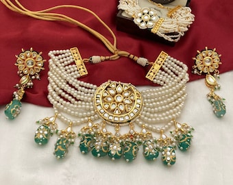 Handmade Kundan Choker Set / Indian Choker Set / Kundan Necklace / Kundan Stones / Indian Bridal Set / Kundan Jewlery / Pearl Choker
